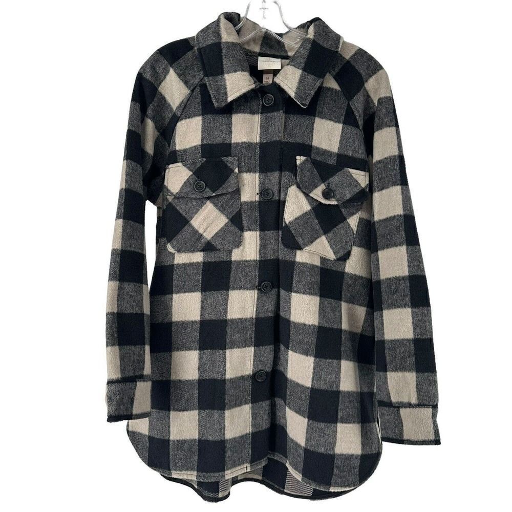 Knox Rose Shirt Jacket Shacket M Plaid Black Tan Classic Cozy Cabin Wool Blend